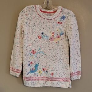 Cream speckled embrodiered pullover knit sweater with bird design